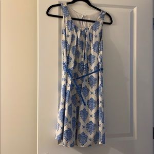 hello miss women’s medium white blue floral patterned dress belted spring summer